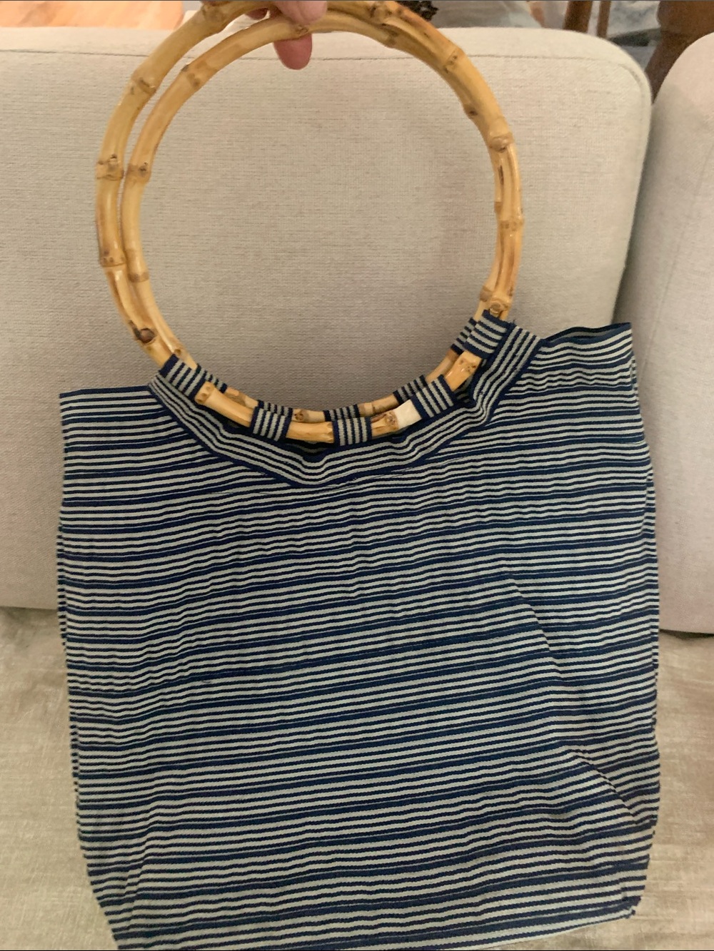 Country Road Blue and White Striped Ribbon & Textured tote with Bamboo Handles